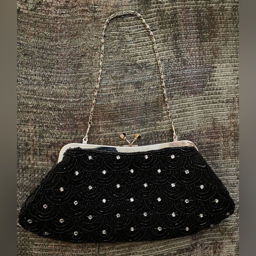 Black Beaded Evening Clutch Handbag.